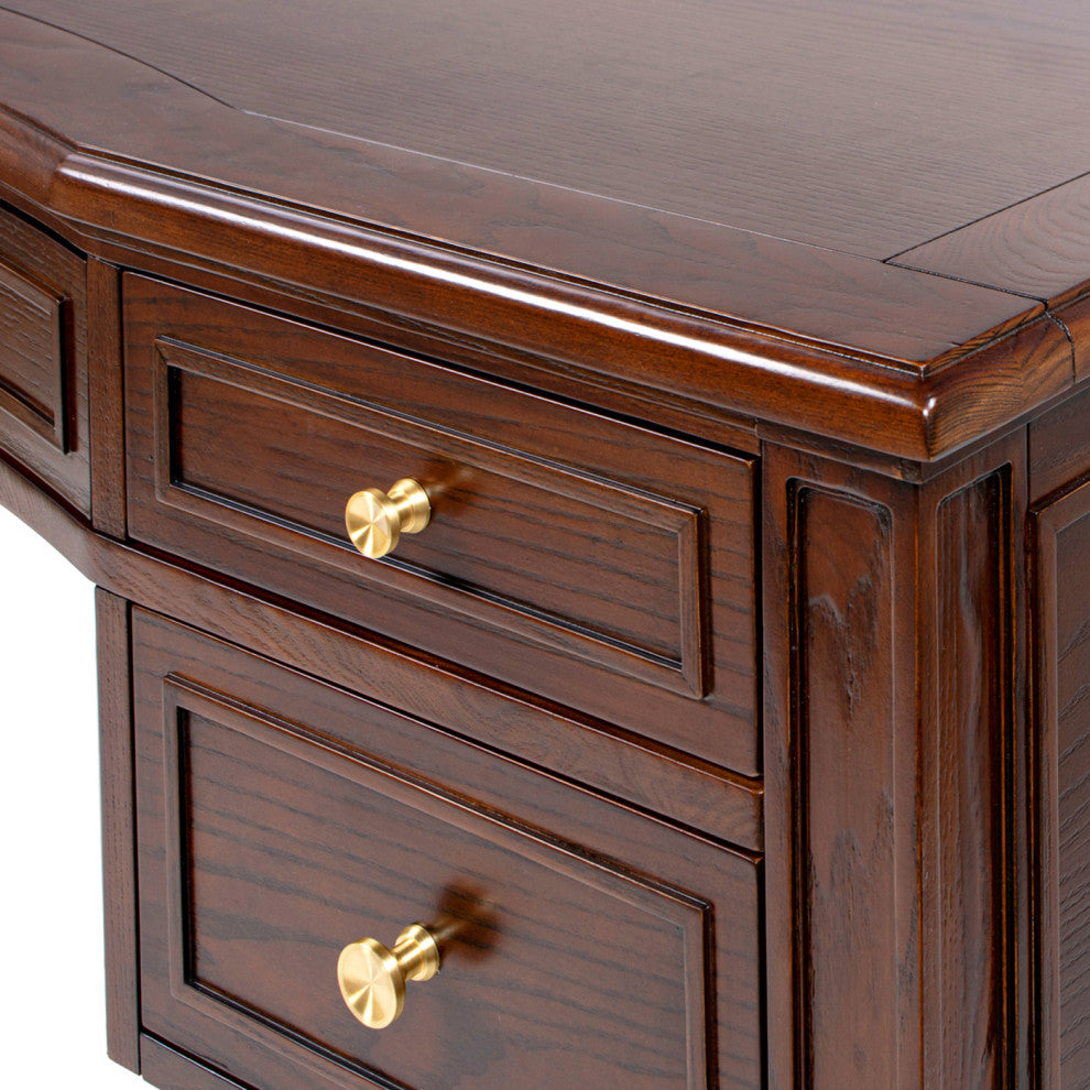 Dauphin 59" Ash Wood Gold Accent 5-Drawer Executive Desk, Walnut Brown Wood