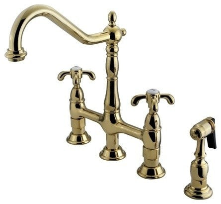 Kingston Brass Bridge Kitchen Faucet With Brass Sprayer, Polished Brass