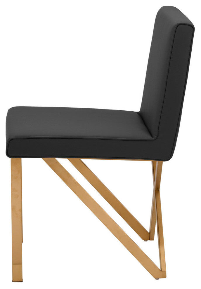 Talbot Dining Chair in Black Naugahyde and Brushed Gold Stainless Steel Base