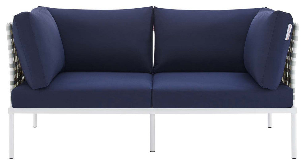 Harmony Sunbrella Basket Weave Outdoor Patio Aluminum Loveseat, Taupe Navy