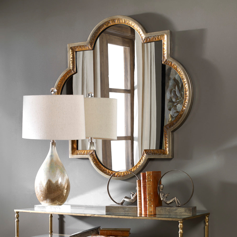 Designer 40" Hammered Gold Quatrefoil Wall Mirror, Square Vanity Vintage Style