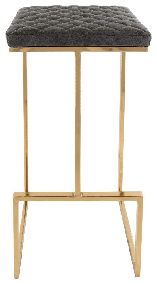 Quincy Leather Barstool Square Seats and Gold Metal Frame, Gray