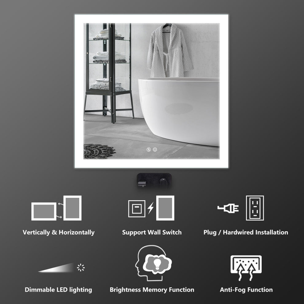 Vanity LED Lighted Backlit Wall Mounted Bathroom Mirror, 36x36", 2 Button