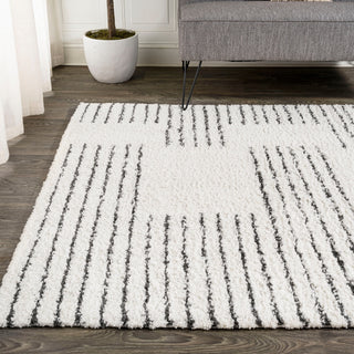 Petra Abstract Stripe Geometric Shag, White/Black, 4'x6'