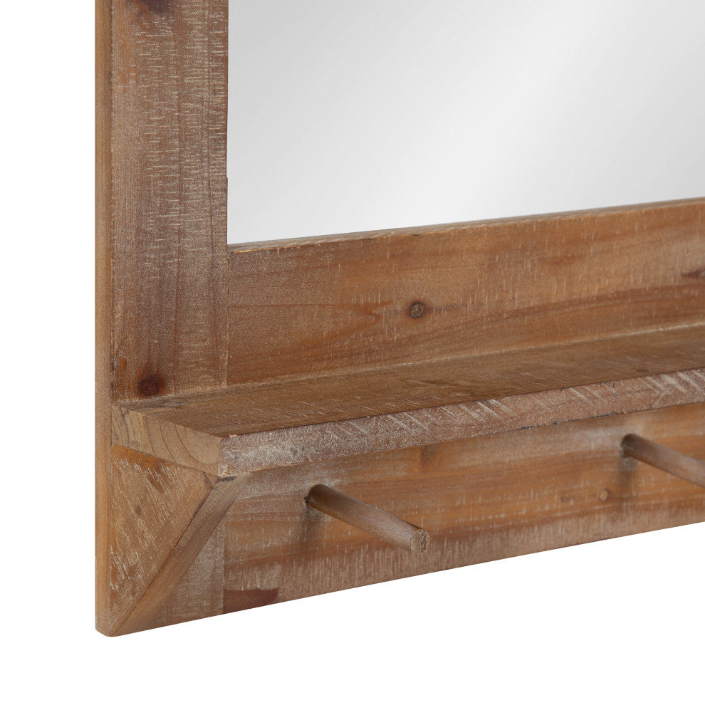 Cates Framed Wall Mirror with Shelf and Hooks, Rustic Brown 42x27