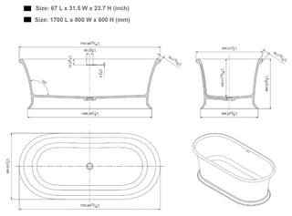 Vanity Art 67" Solid Surface Resin Stone Freestanding Bathtub