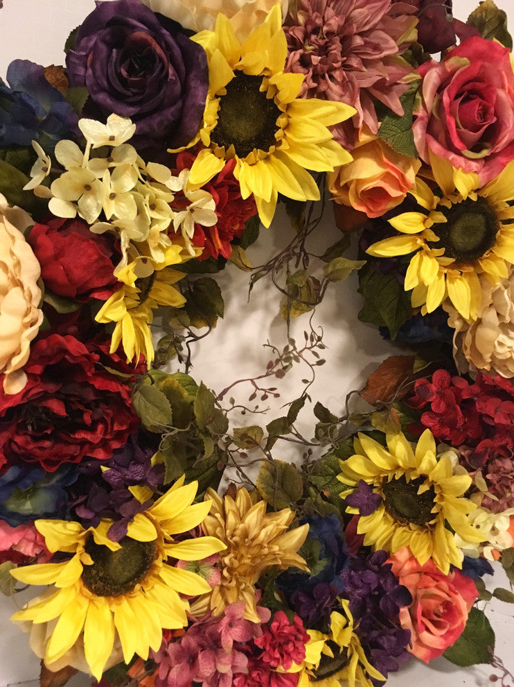 Fall Sunflower Wreath All Season Peony Hydrangea Rose Rust Gold Orange Purple