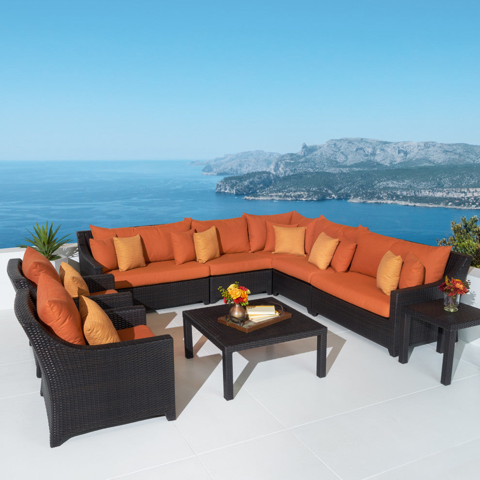 Deco 9 Piece Aluminum Outdoor Patio Corner Sectional and Club Chair Set, Tikka Orange