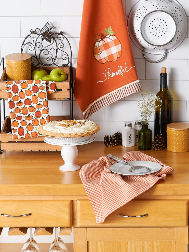 Assorted Thankful Check Pumpkin Dishtowel (Set of 3)