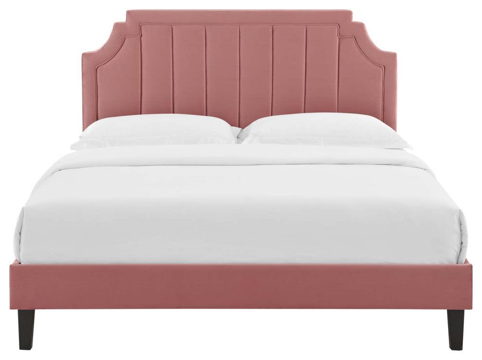 Platform Bed Frame, Twin Size, Velvet, Pink, Modern Contemporary, Bedroom Master