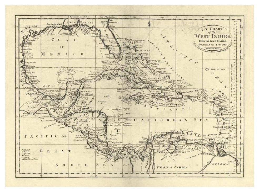 "Chart of the West Indies, 1795" Digital Paper Print by Mathew Carey, 38"x28"