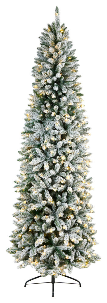 8' Slim Flocked Montreal Fir Faux Xmas Tree W/ White Lights & Bendable Branches