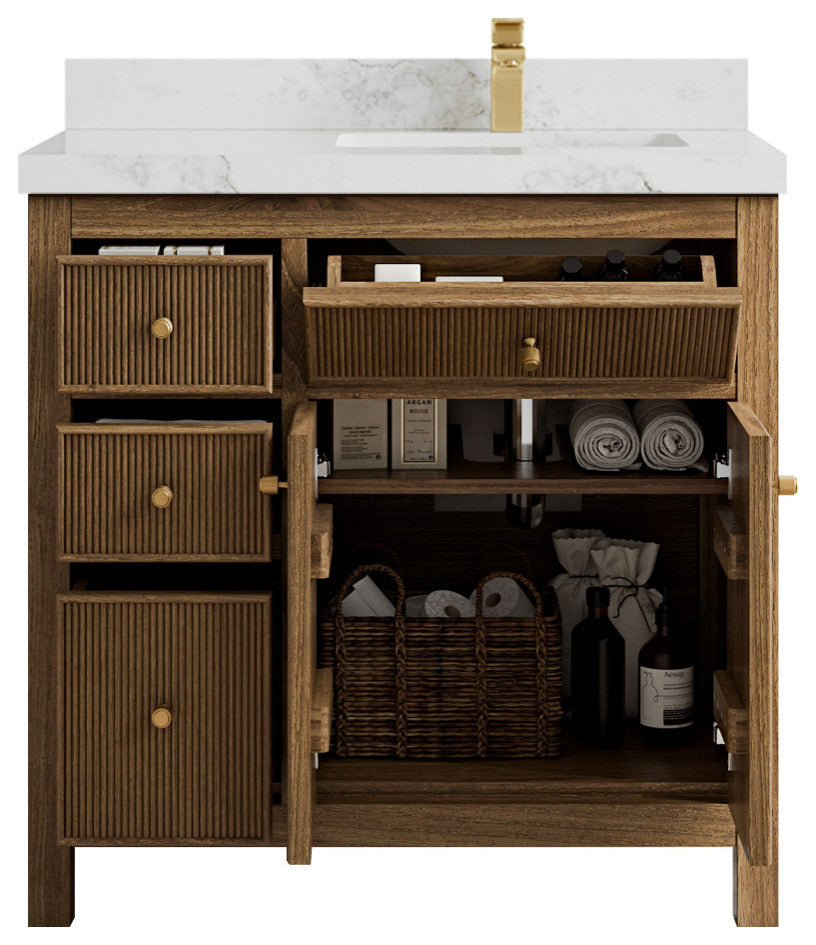 Sonoma Teak 36 Right Offset Bath Vanity in Dark Natural with 2" Calacatta Nuvo