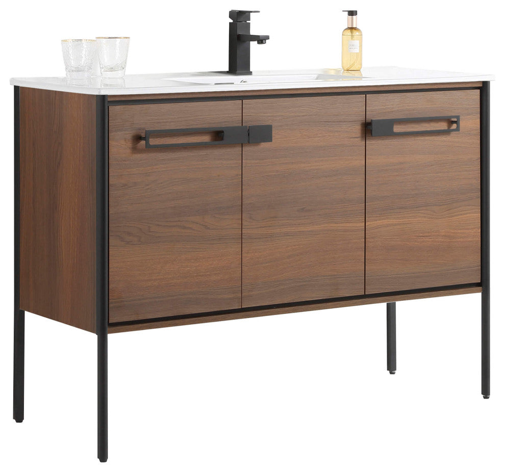 Oakville Bath Vanity, Ceramic Sink, Walnut Ebony, 48 Inch, Black Hardware