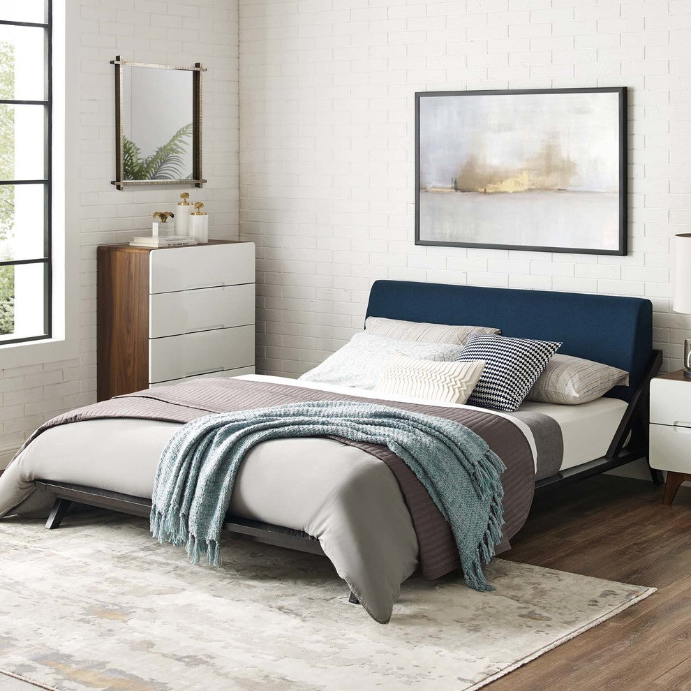 Luella Queen Upholstered Fabric Platform Bed, Walnut Blue