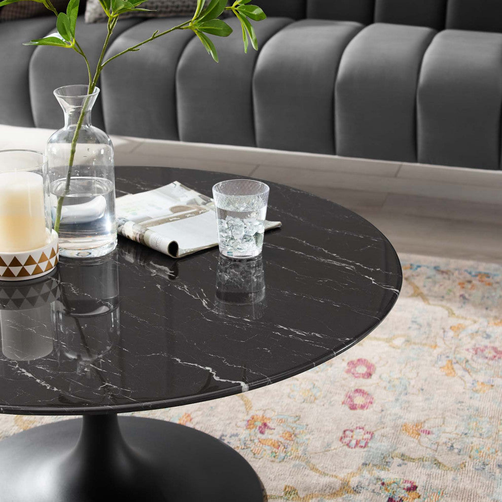 Coffee Table, Round, Artificial Marble, Metal, Black, Modern, Lounge Hospitality