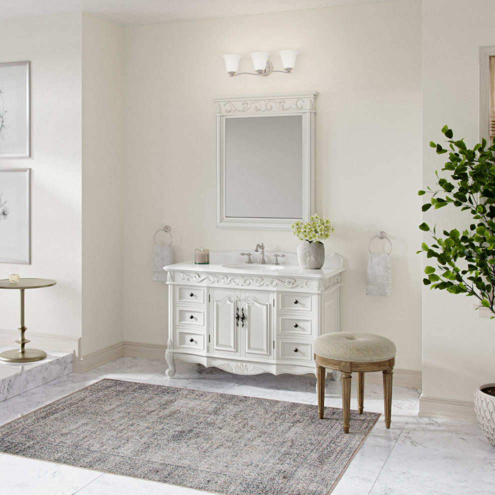 Antique White Traditional Style Single Sink Beckham Bathroom Vanity, White, 48", Single Sink, With Mirror, Freestanding