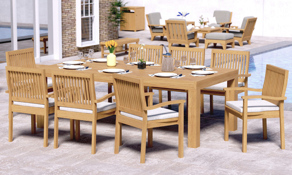 9-Piece Outdoor Teak Dining Set: 86" Rectangle Table, 8 Leveb Stacking Arm Chair