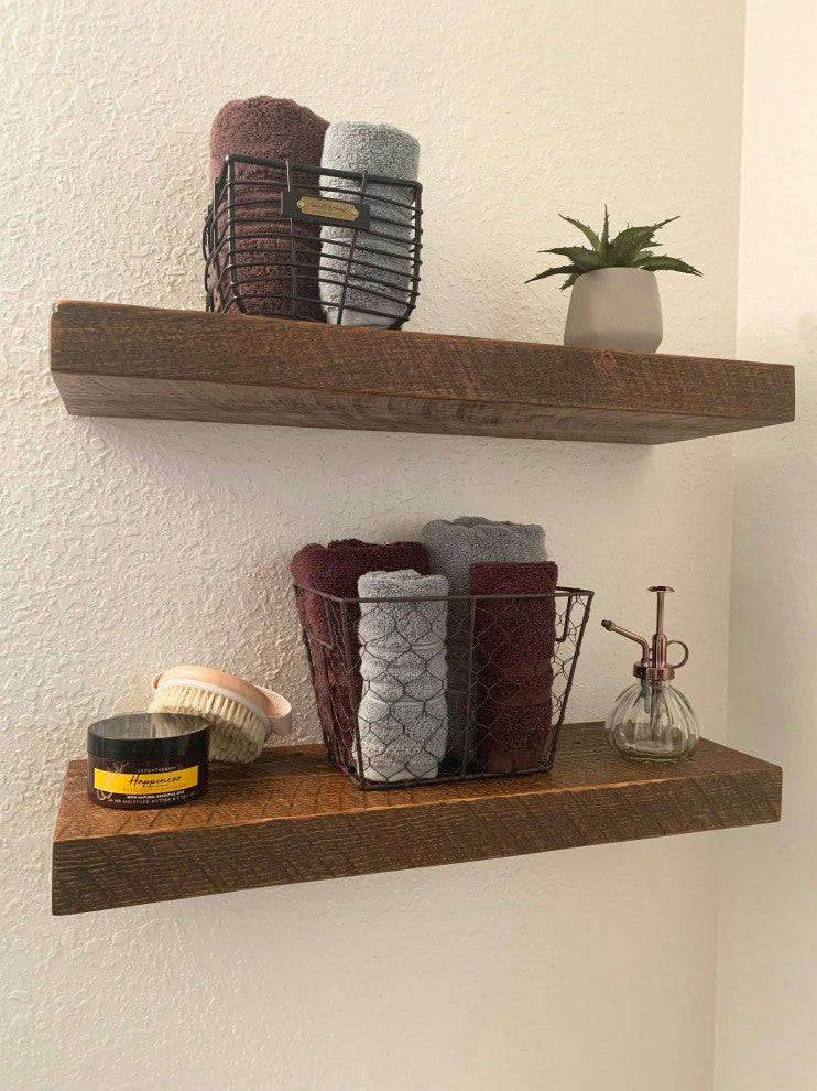 Rustic, Floating Shelf, 2" Thick x 8" Deep, with Mounting, Medium Brown, 24"