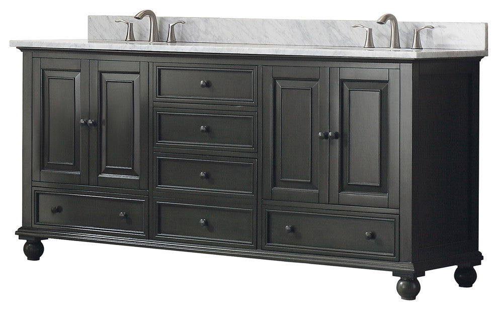 Avanity Thompson 73" Double Vanity, Charcoal Glaze Finish, Carrera White Marble Top