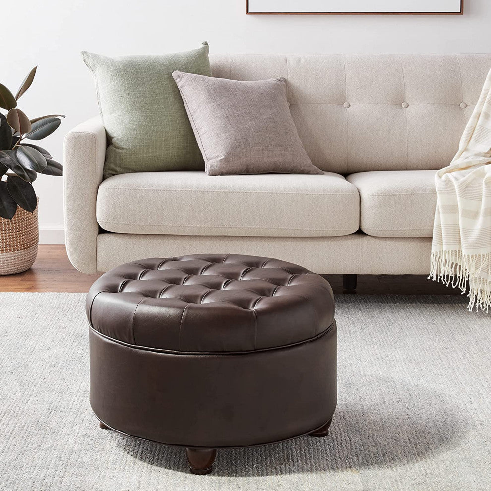 Brown Faux Leather, Large Button Tufted Round Storage Ottoman