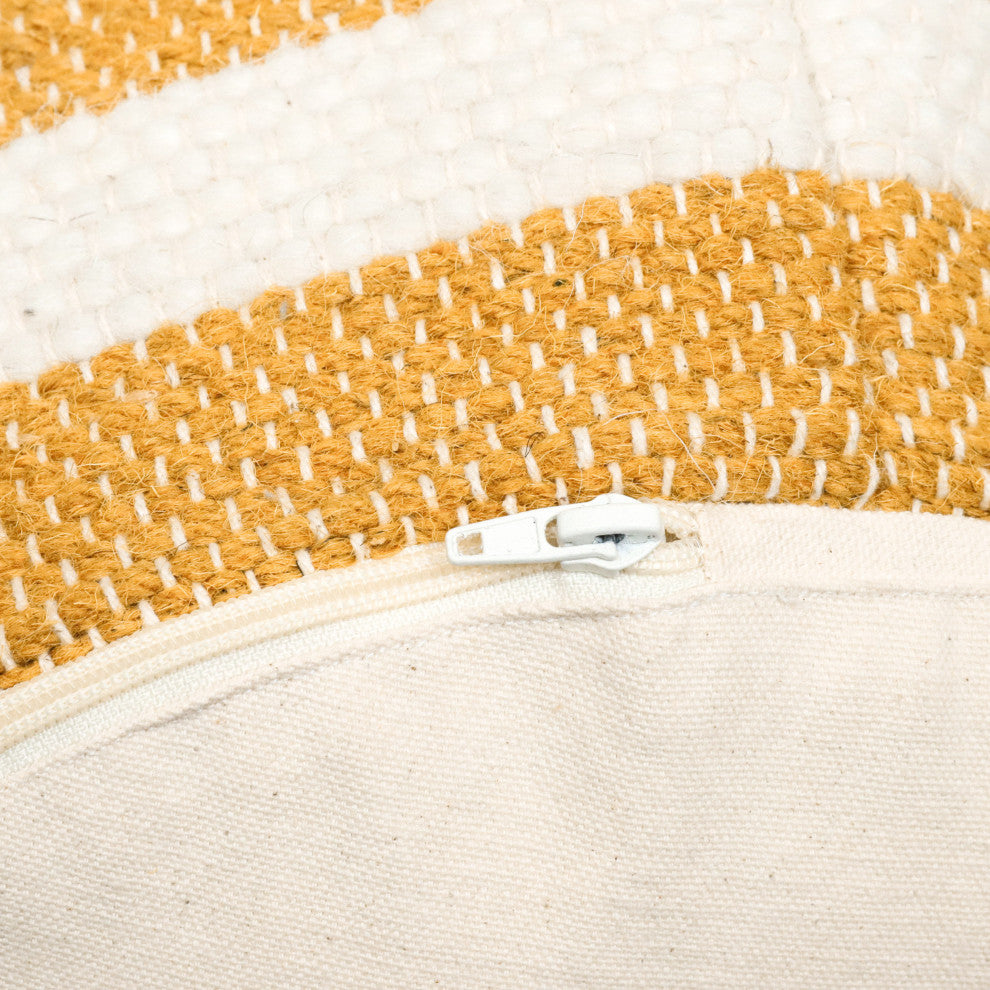 Villard Boho Handcrafted Fabric Cylinder Pouf, White + Mustard Yellow
