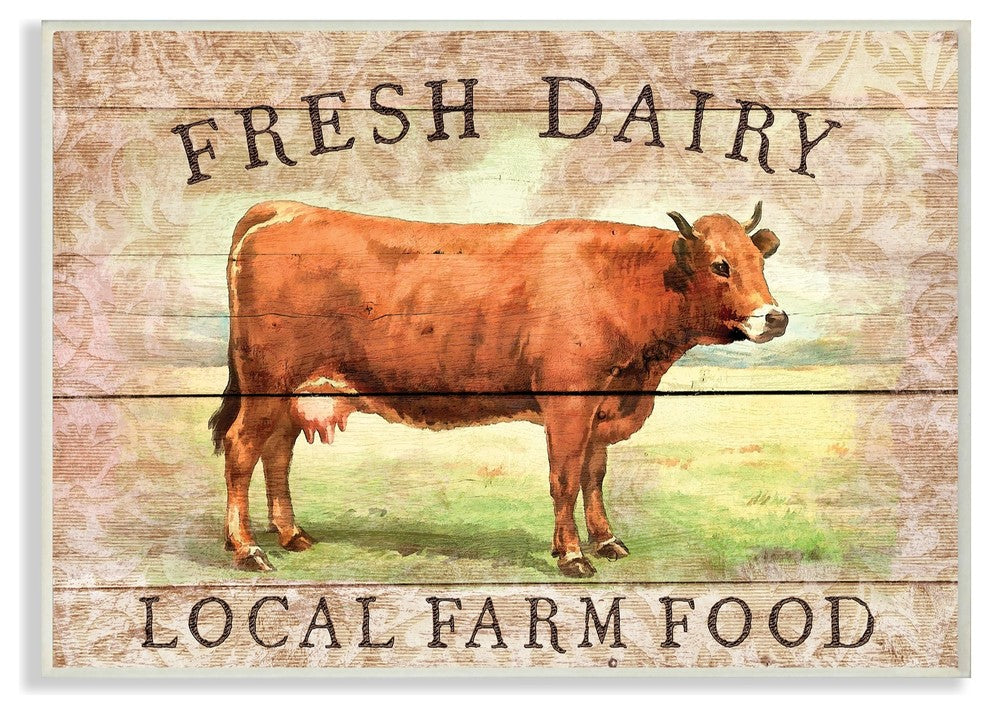 Fresh Dairy Local Farm Cow Planked Look Oversized Wall Plaque Art, 13"x19"