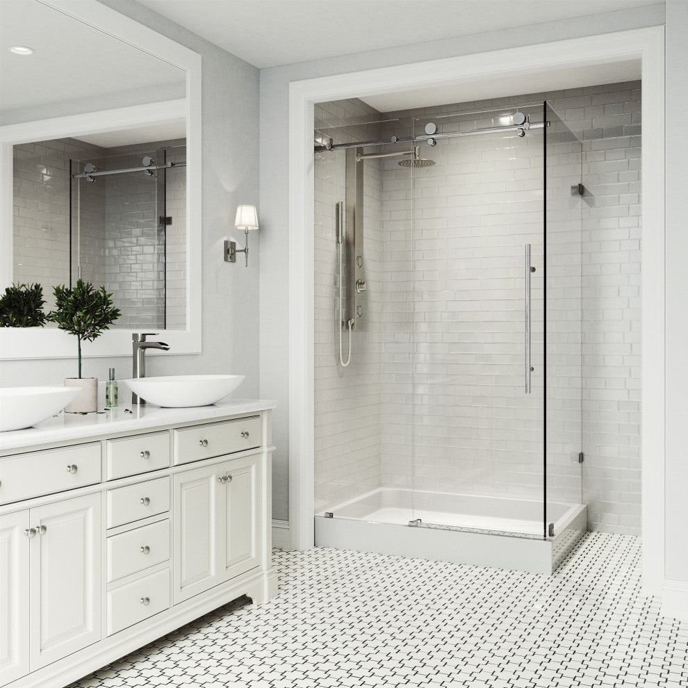 VIGO Elan E-Class Frameless Sliding Shower Enclosure, Chrome, 36" D X 48" W X 82" H, Left Base