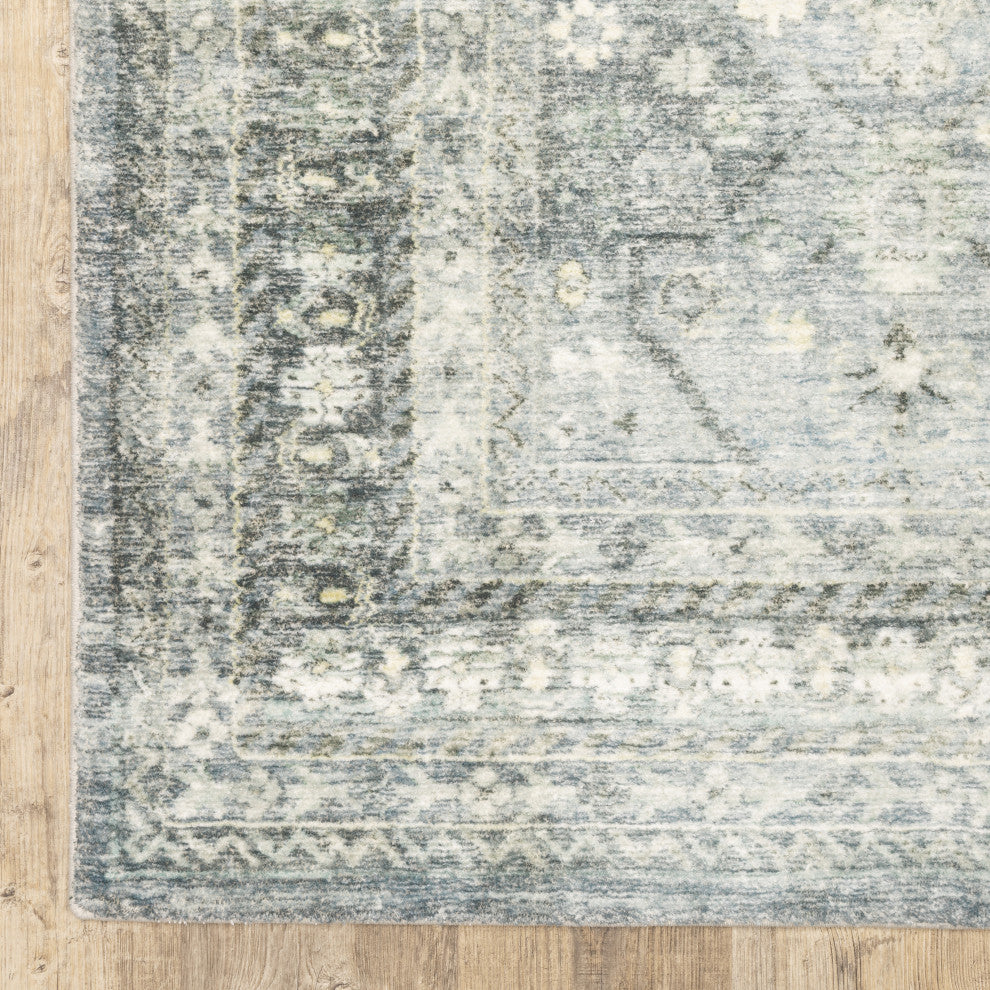Sanjay Distressed Floral Blue/Ivory Microfiber Area Rug, 2'x8'