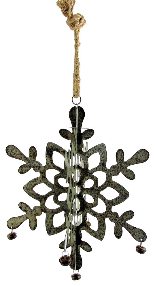 Hanging Galvanized Folding Snowflakes With Bells, Set of 6
