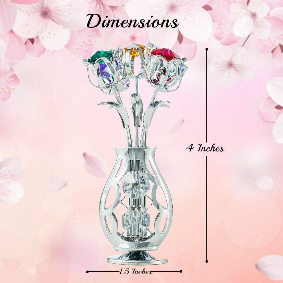 Matashi Chrome Plated Flowers Bouquet and Vase With Colorful Crystals Home Decor