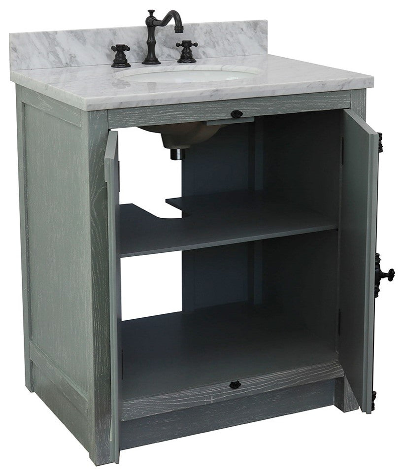 30" Single Vanity, Gray Ash, White Carrara Top, Oval Sink