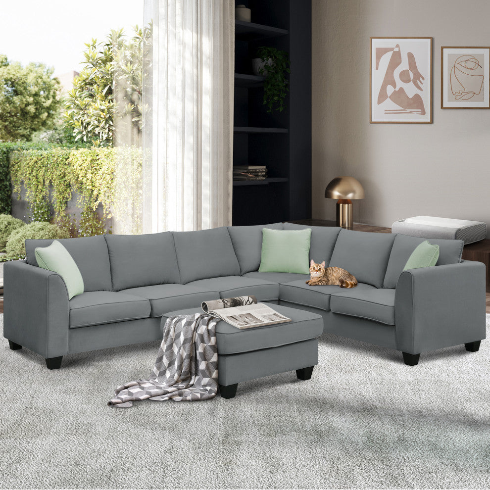 7-Seat Fabric Modular Sectional Sofa Couch Set with Ottoman and Pillows, Grey