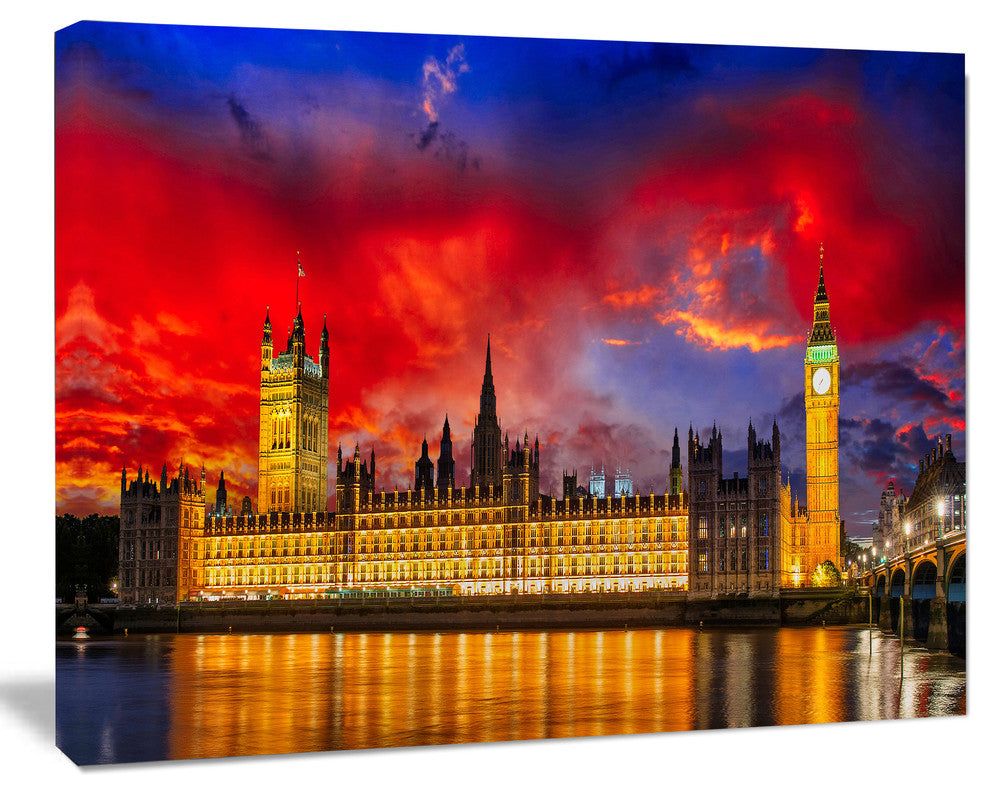 House of Parliament at River Thames, Cityscape Canvas Art Print, 60"x28"
