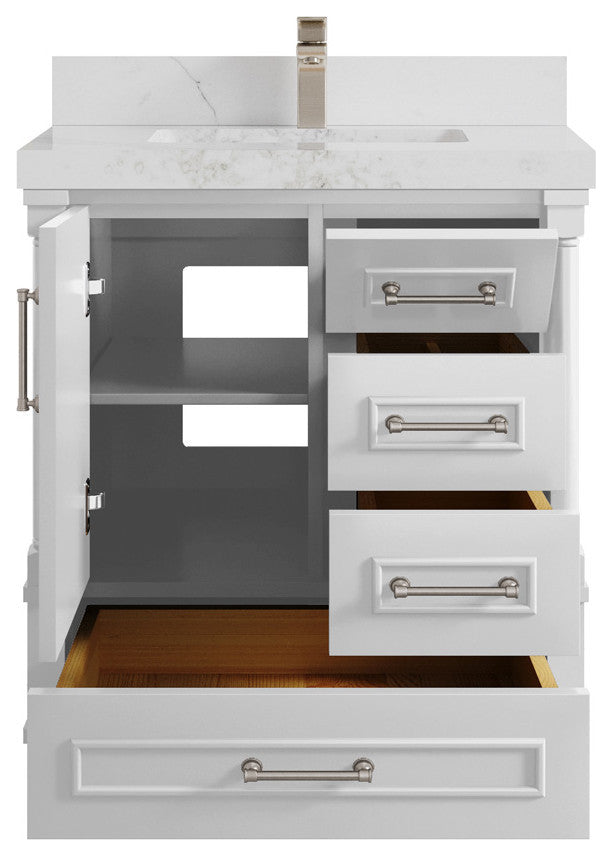 Aberdeen 30 Single Sink Bath Vanity in White 2" Calacatta Nuvo