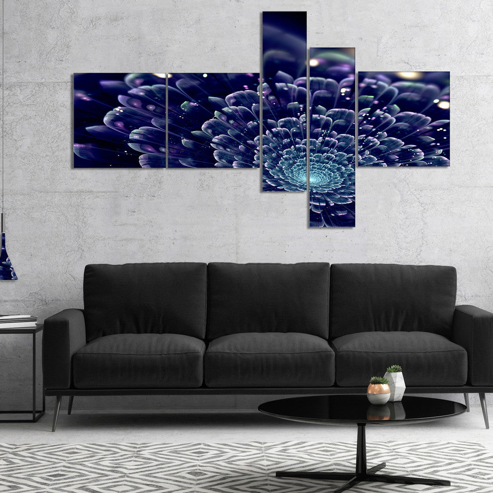 Dark Blue Abstract Fractal Flower, Floral Canvas Art print, 60"x32", 5 panels