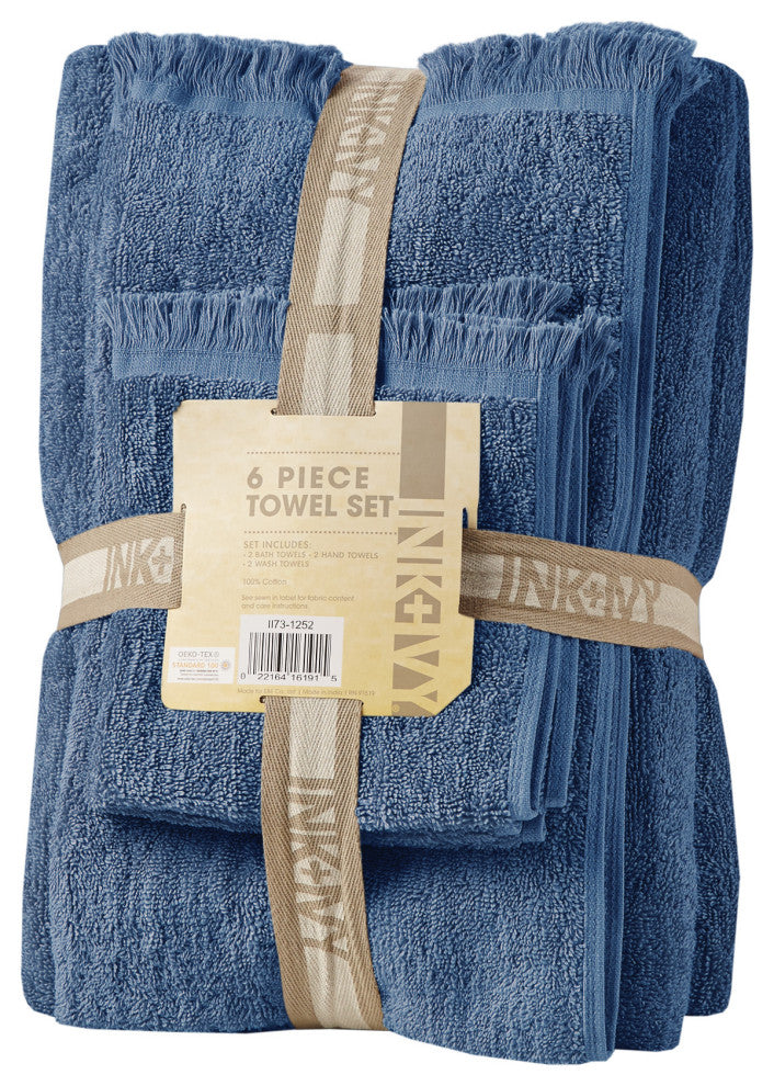 INK+IVY Nova Terry Cotton 630gsm Fringed 6-Piece Towel Set, Navy Blue