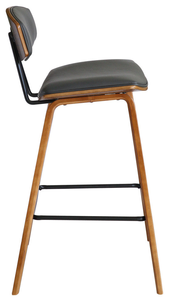 Fox 30" Mid-Century Bar Height Barstool in Gray Faux Leather With Walnut Wood