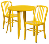 30" Round Yellow Metal Indoor-Outdoor Table Set, 2 Vertical Slat Back Chairs