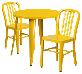 30" Round Yellow Metal Indoor-Outdoor Table Set, 2 Vertical Slat Back Chairs