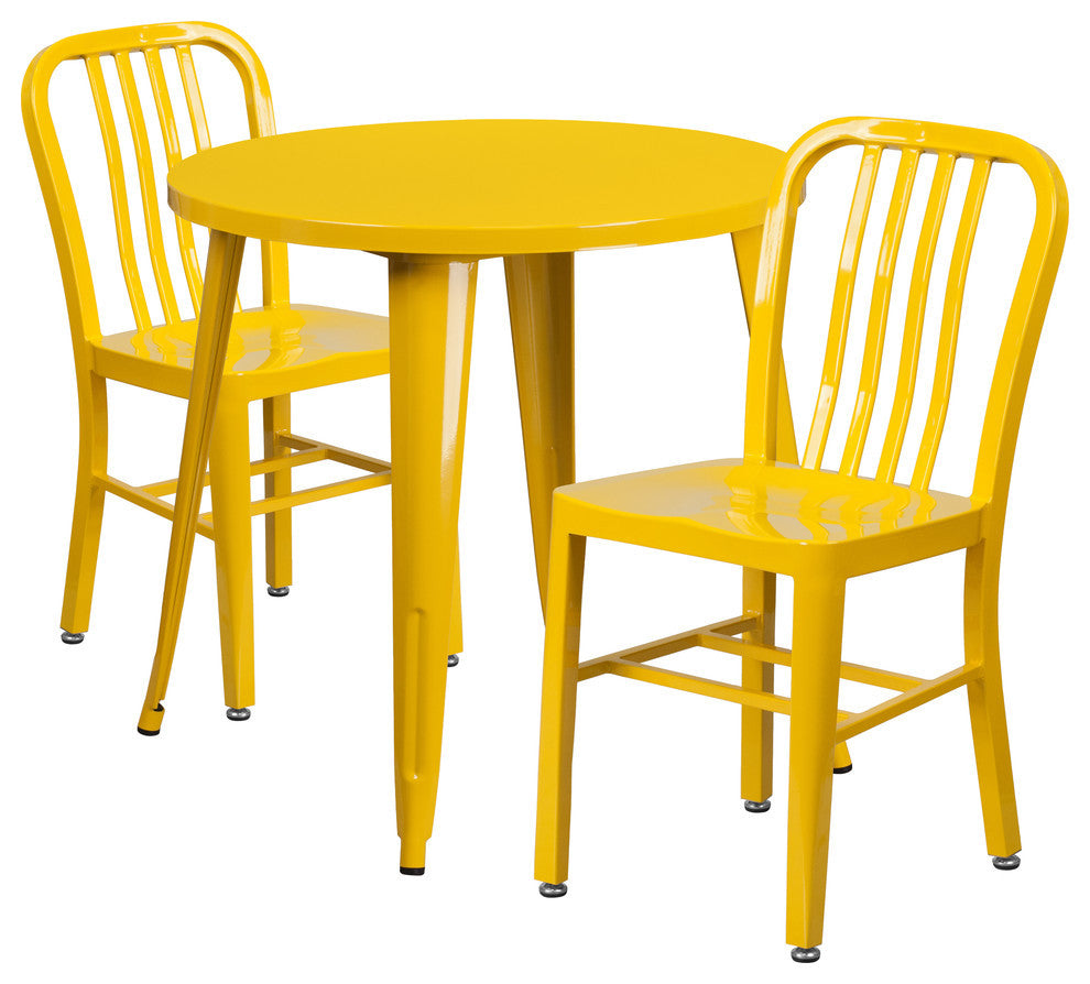 30" Round Yellow Metal Indoor-Outdoor Table Set, 2 Vertical Slat Back Chairs