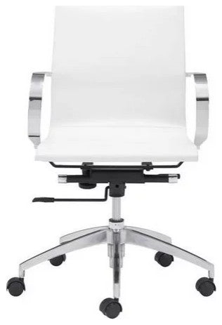 Modern Office Chair, Chrome Frame With Rounded Arms & Faux Leather Seat, White