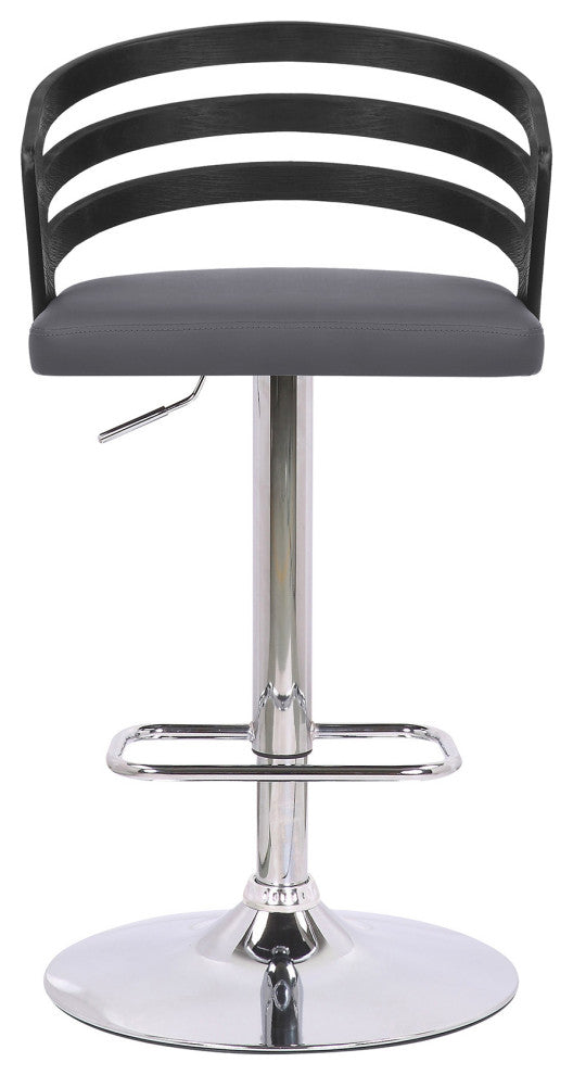 Gray Faux Leather Black Wood and Chrome Adjustable Swivel Bar Stool
