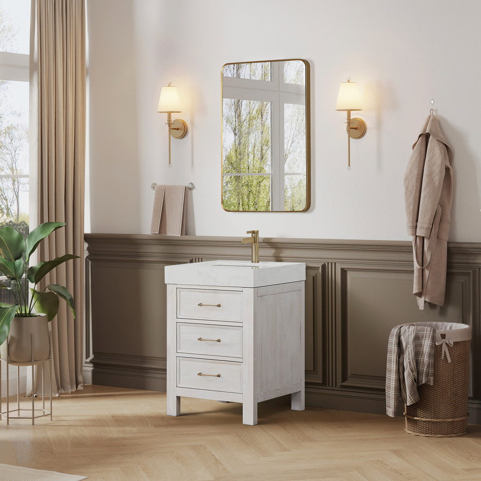 Leon Bath Vanity With Composite Stone Top, Washed White, 24", No Mirror