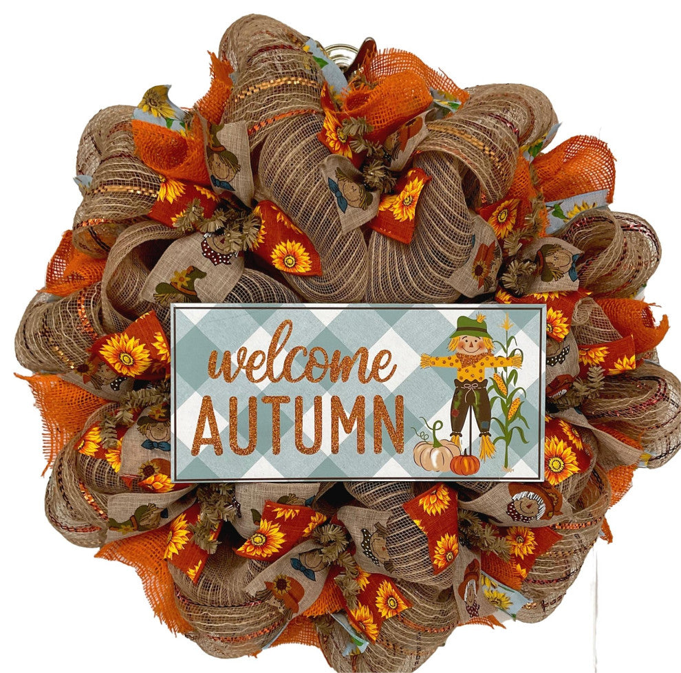 Hello Autumn Blue Check Scarecrow Halloween or Harvest Wreath Handmade Deco Mesh