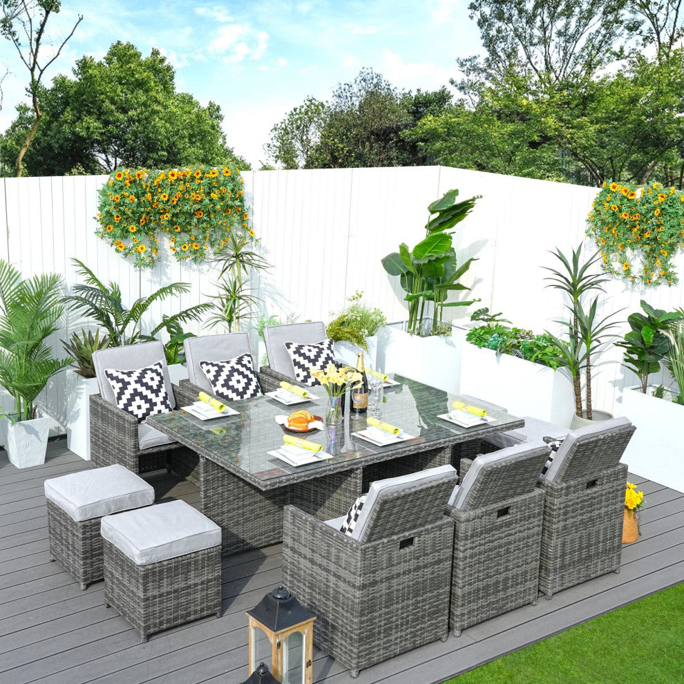 10-Seat Outdoor Rectangular Long Dining Wicker Set, Gray