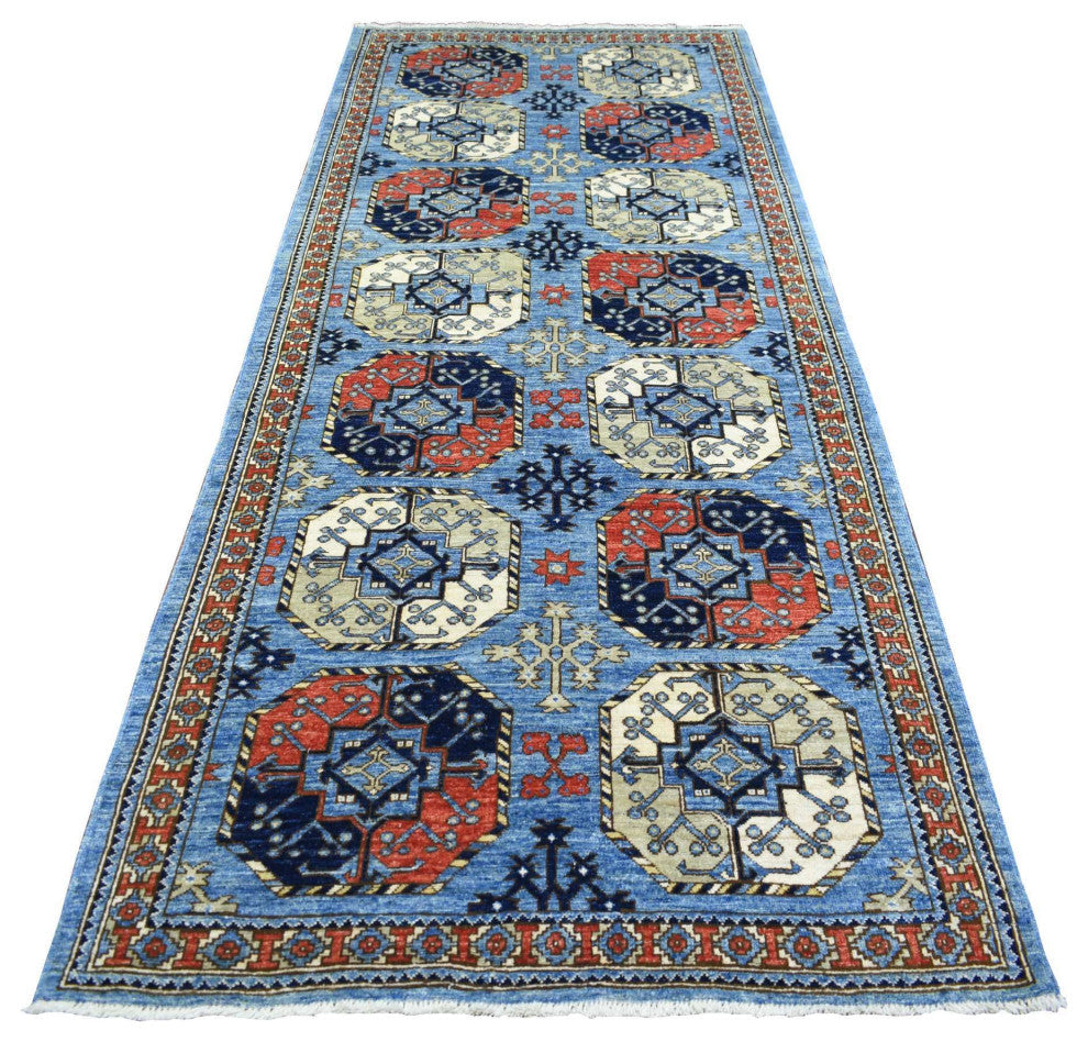 Blue Dense Weave Soft Wool Hand Knotted Afghan Ersari Wide Runner Rug, 4'6"x10'
