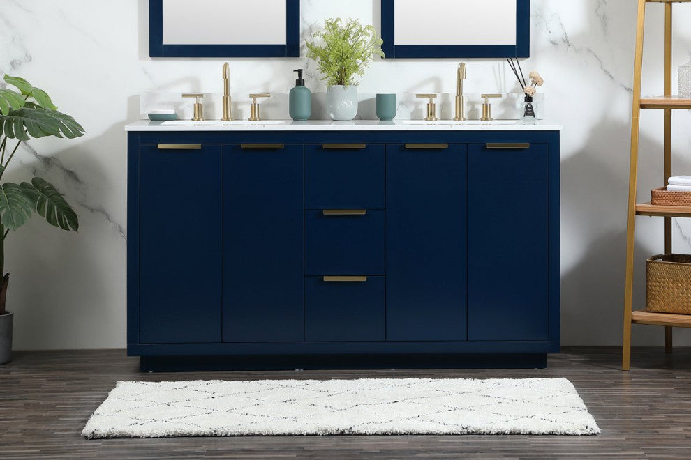 Elegant VF19460DBL-BS 60"Double Bathroom Vanity, Blue With Backsplash