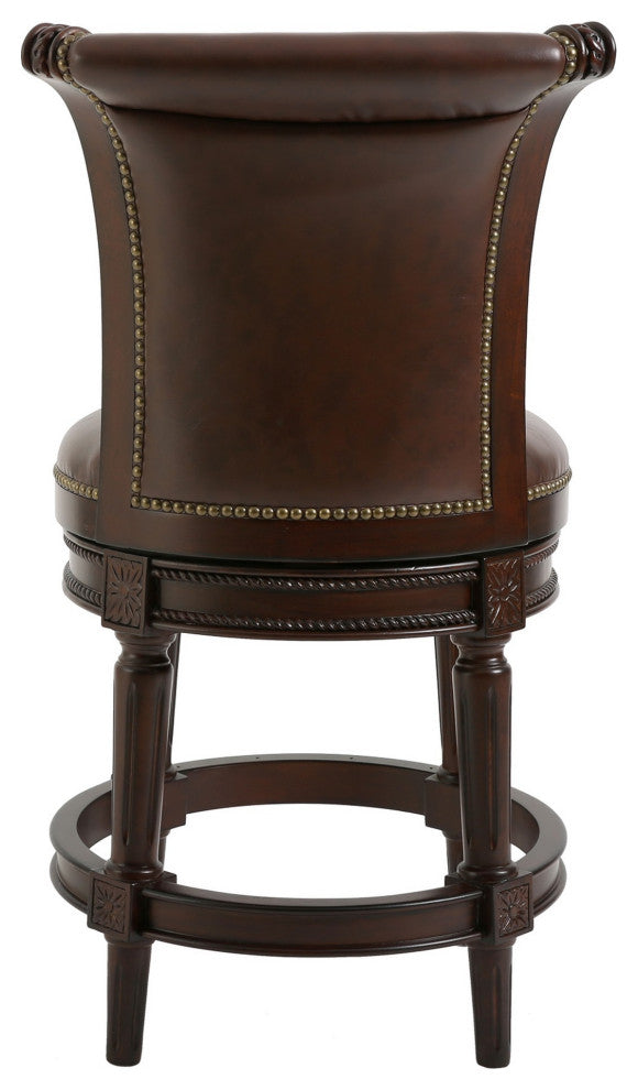 25" Dark Brown Faux Leather and Solid Wood Counter Height Swivel Bar Chair