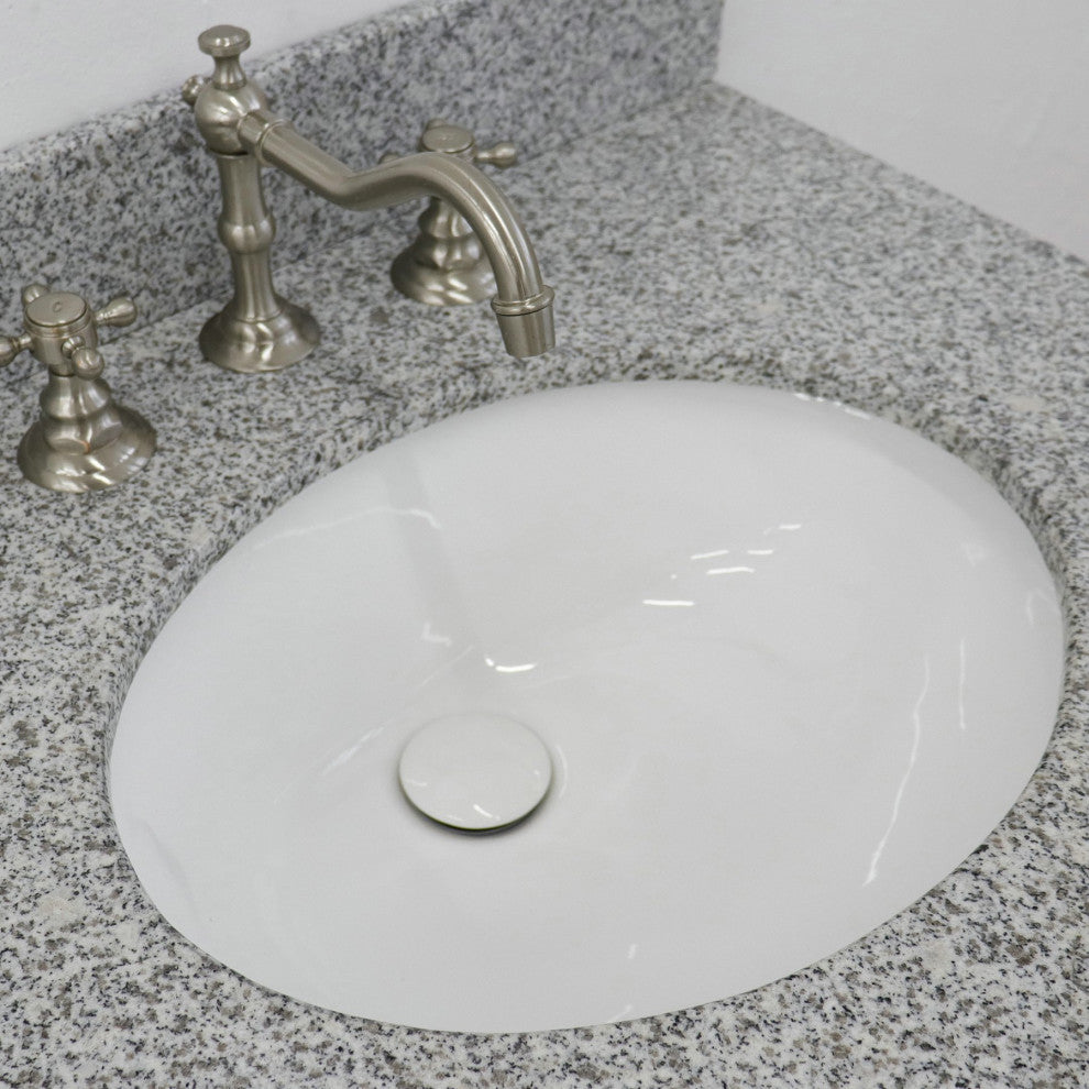 61" Double Sink Vanity, White Finish With Gray Granite And Oval Sink